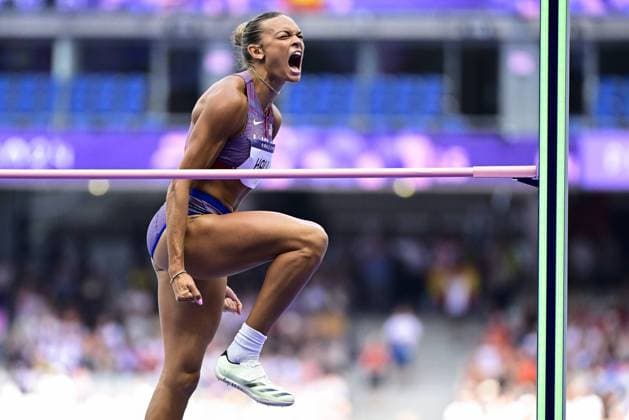 Bilder des Jahres 2024, Sport 08 August Sport Themen der Woche KW32 Sport Bilder des Tages US Anna Hall reacts during the high jump, second event of the women s heptathlon at the athletics competition at the Paris 2024 Olympic Games, Olympische Spiele, Olympia, OS on Thursday 08 August 2024 in Paris, France. The Games of the XXXIII Olympiad are taking place in Paris from 26 July to 11 August. The Belgian delegation counts 165 athletes competing in 21 sports. DIRKxWAEM  x98053637x