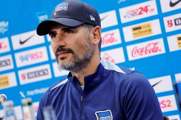 Head coach Cristian Fiél, Hertha BSC, Germany, Berlin, Sportpark, Football, Men, Season 2024 2025, 2 Bundesliga, Hertha BSC, Press conference with head coach Cristian Fiél and striker Haris Tabakovic ahead of Hertha BSCs away match at Hamburger SV