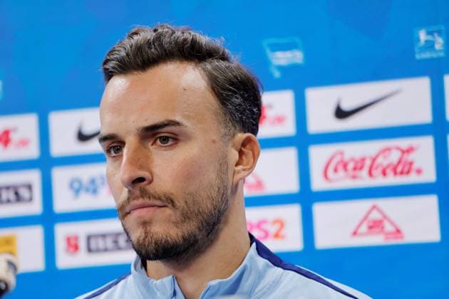 Striker Haris Tabakovic, Hertha BSC, Germany, Berlin, Sportpark, Football, Men, Season 2024 2025, 2 Bundesliga, Hertha BSC, Press conference with head coach Cristian Fiél and striker Haris Tabakovic before Hertha BSCs away match at Hamburger SV