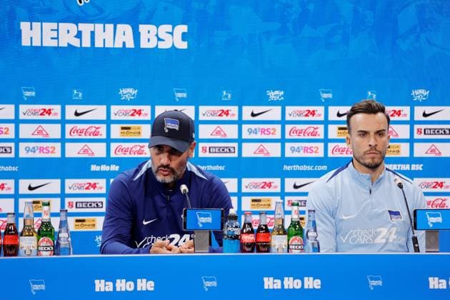 Head coach Cristian Fiél, Hertha BSC, striker Haris Tabakovic, Hertha BSC, Germany, Berlin, Sportpark, Football, Men, Season 2024 2025, 2 Bundesliga, Hertha BSC, Press conference with head coach Cristian Fiél and striker Haris Tabakovic ahead of Hertha BSCs away match at Hamburger SV