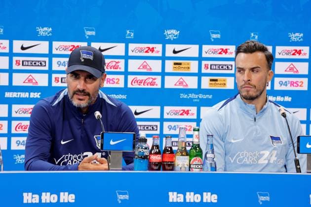 Head coach Cristian Fiél, Hertha BSC, striker Haris Tabakovic, Hertha BSC, Germany, Berlin, Sportpark, Football, Men, Season 2024 2025, 2 Bundesliga, Hertha BSC, Press conference with head coach Cristian Fiél and striker Haris Tabakovic ahead of Hertha BSCs away match at Hamburger SV