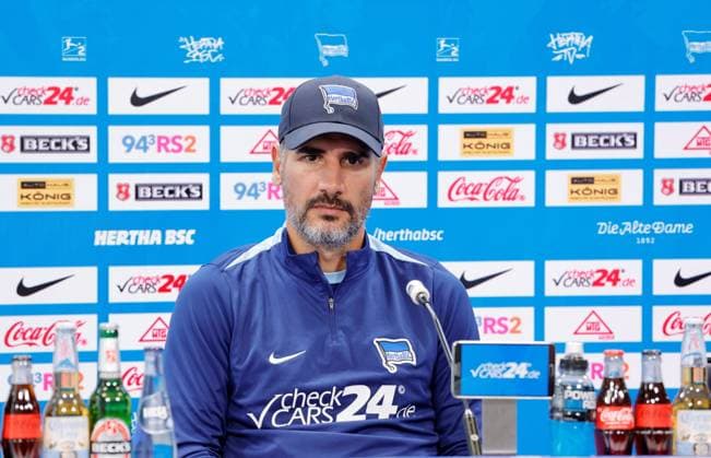 Head coach Cristian Fiél, Hertha BSC, Germany, Berlin, Sportpark, Football, Men, Season 2024 2025, 2 Bundesliga, Hertha BSC, Press conference with head coach Cristian Fiél and striker Haris Tabakovic ahead of Hertha BSCs away match at Hamburger SV