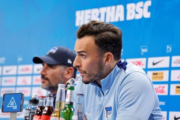 Head coach Cristian Fiél, Hertha BSC, striker Haris Tabakovic, Hertha BSC, Germany, Berlin, Sportpark, Football, Men, Season 2024 2025, 2 Bundesliga, Hertha BSC, Press conference with head coach Cristian Fiél and striker Haris Tabakovic ahead of Hertha BSCs away match at Hamburger SV