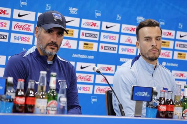 Head coach Cristian Fiél, Hertha BSC, striker Haris Tabakovic, Hertha BSC, Germany, Berlin, Sportpark, Football, Men, Season 2024 2025, 2 Bundesliga, Hertha BSC, Press conference with head coach Cristian Fiél and striker Haris Tabakovic ahead of Hertha BSCs away match at Hamburger SV