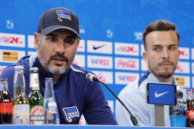 Head coach Cristian Fiél, Hertha BSC, striker Haris Tabakovic, Hertha BSC, Germany, Berlin, Sportpark, Football, Men, Season 2024 2025, 2 Bundesliga, Hertha BSC, Press conference with head coach Cristian Fiél and striker Haris Tabakovic ahead of Hertha BSCs away match at Hamburger SV