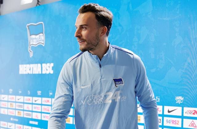 Striker Haris Tabakovic, Hertha BSC, Germany, Berlin, Sportpark, Football, Men, Season 2024 2025, 2 Bundesliga, Hertha BSC, Press conference with head coach Cristian Fiél and striker Haris Tabakovic before Hertha BSCs away match at Hamburger SV