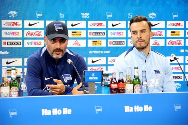 DEU, DFL, 2 FBL, Hertha BSC PK, 08 08 2024, Hertha Geschaeftsstelle, Berlin, DEU, DFL, 2 FBL, Hertha BSC PK, im Bild Cheftrainer Cristian Fiel Hertha BSC Berlin , Haris Tabakovic Hertha BSC Berlin 25 DFL regulations prohibit any use of Photographs as image sequences and or quasi video Foto Juergen Engler nordphoto GmbH nordphotoxGmbHx xEngler nph00076