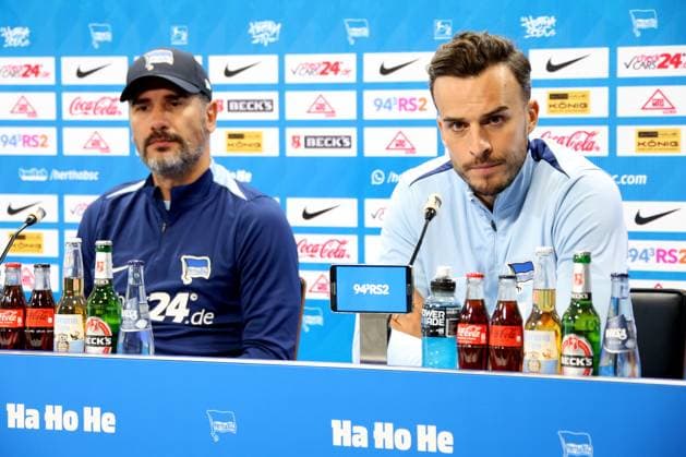 DEU, DFL, 2 FBL, Hertha BSC PK, 08 08 2024, Hertha Geschaeftsstelle, Berlin, DEU, DFL, 2 FBL, Hertha BSC PK, im Bild Cheftrainer Cristian Fiel Hertha BSC Berlin , Haris Tabakovic Hertha BSC Berlin 25 DFL regulations prohibit any use of Photographs as image sequences and or quasi video Foto Juergen Engler nordphoto GmbH nordphotoxGmbHx xEngler nph00076