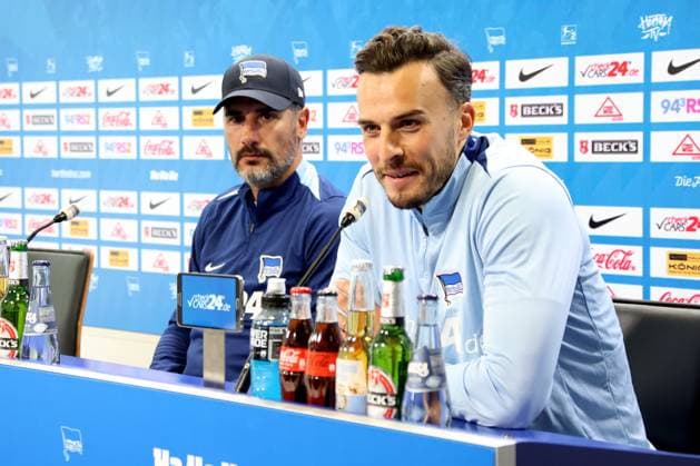 DEU, DFL, 2 FBL, Hertha BSC PK, 08 08 2024, Hertha Geschaeftsstelle, Berlin, DEU, DFL, 2 FBL, Hertha BSC PK, im Bild Cheftrainer Cristian Fiel Hertha BSC Berlin , Haris Tabakovic Hertha BSC Berlin 25 DFL regulations prohibit any use of Photographs as image sequences and or quasi video Foto Juergen Engler nordphoto GmbH nordphotoxGmbHx xEngler nph00076