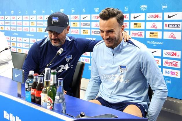 DEU, DFL, 2 FBL, Hertha BSC PK, 08 08 2024, Hertha Geschaeftsstelle, Berlin, DEU, DFL, 2 FBL, Hertha BSC PK, im Bild Cheftrainer Cristian Fiel Hertha BSC Berlin , Haris Tabakovic Hertha BSC Berlin 25 DFL regulations prohibit any use of Photographs as image sequences and or quasi video Foto Juergen Engler nordphoto GmbH nordphotoxGmbHx xEngler nph00076