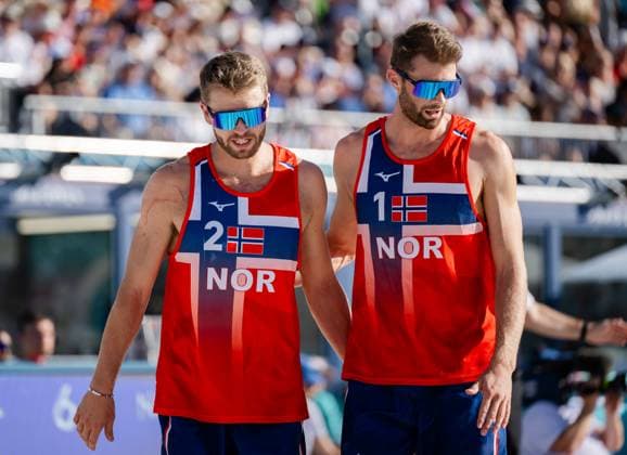 240808 Anders Mol and Christian Sorum of Norway in a men s beach volleyball semifinal match between Germany and Norway during day 13 of the Paris 2024 Olympics on August 8, 2024 in Paris Photo Jon Olav Nesvold BILDBYRAN COP 217 JE0103 beachvolleyboll beach volleyball sandvolleyball paris 2024 olympics day 13 germany norway bbeng depp  Copyright: JONxOLAVxNESVOLD BB240808JE052