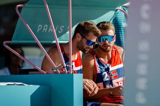 240808 Anders Mol and Christian Sorum of Norway in a men s beach volleyball semifinal match between Germany and Norway during day 13 of the Paris 2024 Olympics on August 8, 2024 in Paris Photo Jon Olav Nesvold BILDBYRAN COP 217 JE0103 beachvolleyboll, beach volleyball, sandvolleyball,paris 2024 oly  Copyright: JONxOLAVxNESVOLD BB240808JE057