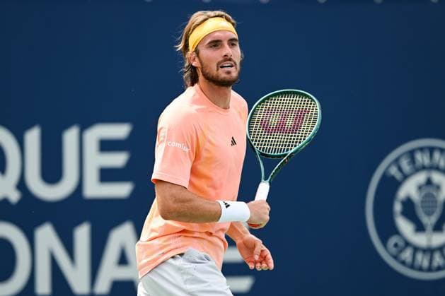 MONTREAL, QC - AUGUST 08: Look on Stefanos Tsitsipas (GRE) during a second round match at ATP, Tennis Herren National Bank Open on August 08, 2024 at IGA Stadium in Montreal, QC (Photo by David Kirouac Icon Sportswire) TENNIS: AUG 08 National Bank Open EDITORIAL USE ONLY Icon240808012