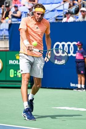 MONTREAL, QC - AUGUST 08: Stefanos Tsitsipas (GRE) returns the ball during a second round match at ATP, Tennis Herren National Bank Open on August 08, 2024 at IGA Stadium in Montreal, QC (Photo by David Kirouac Icon Sportswire) TENNIS: AUG 08 National Bank Open EDITORIAL USE ONLY Icon240808023
