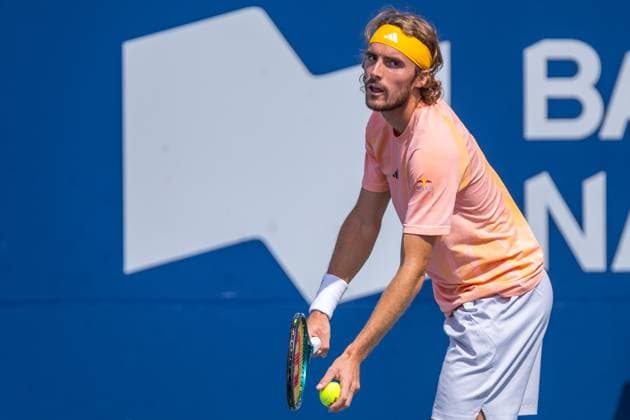 August 8, 2024, Montreal, Quebec, Canada: STEFANOS TSITSIPAS from Greece serving in first set against Kei Nishikori from Japan in second round of Canadian Open at IGA Stadium in Montreal, Quebec, Canada Montreal Canada - ZUMAl189 20240808_zsp_l189_003 Copyright: xYannickxLegarex