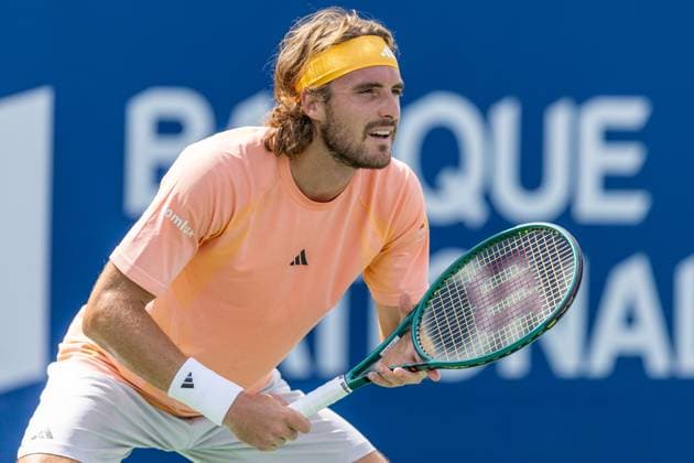 August 8, 2024, Montreal, Quebec, Canada: STEFANOS TSITSIPAS from Greece waiting to return service in first set against Kei Nishikori from Japan in second round of Canadian Open at IGA Stadium in Montreal, Quebec, Canada Montreal Canada - ZUMAl189 20240808_zsp_l189_007 Copyright: xYannickxLegarex