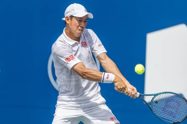 August 8, 2024, Montreal, Quebec, Canada: KEI NISHIKORI from Japan returning ball in first set against Stefanos Tsitsipas from Greece in second round of Canadian Open at IGA Stadium in Montreal, Quebec, Canada Montreal Canada - ZUMAl189 20240808_zsp_l189_009 Copyright: xYannickxLegarex