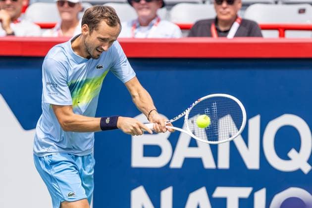 August 8, 2024, Montreal, Quebec, Canada: DANIIL MEDVEDEV returning ball against Alejandro Davidovich Fokina from Spain in second round of Canadian Open at IGA Stadium in Montreal, Quebec, Canada Montreal Canada - ZUMAl189 20240808_zsp_l189_015 Copyright: xYannickxLegarex