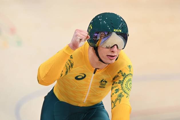 OLY24 CYCLING TRACK, Australian cyclist Matthew Richardson reacts after winning the Men s Sprint Quarterfinals at Saint-Quentin-en-Yvelines Velodrome in Montigny-le-Bretonneux, as part of the 2024 Paris Olympic Games, Olympische Spiele, Olympia, OS France, Thursday, August 08, 2024. ( NO ARCHIVING, EDITORIAL USE ONLY, NO USE IN BOOKS WITHOUT CONSENT MONTIGNY-LE-BRETONNEUX FRANCE Copyright: xDANxHIMBRECHTSx 20240809161996650880