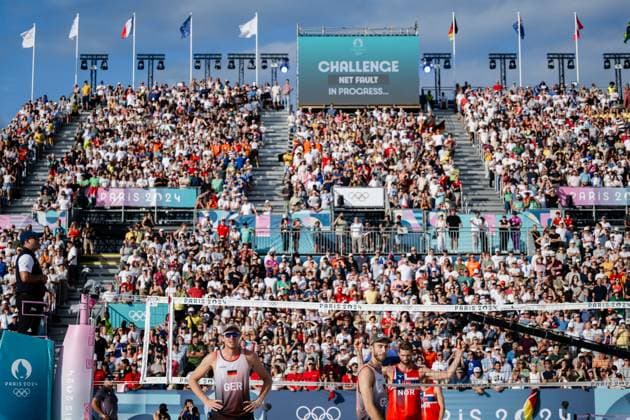 240808 Anders Mol and Christian Sorum of Norway react in a men s beach volleyball semifinal match between Germany and Norway during day 13 of the Paris 2024 Olympics on August 8, 2024 in Paris Photo Jon Olav Nesvold BILDBYRAN COP 217 JE0103 beachvolleyboll beach volleyball sandvolleyball paris 2024 olympics day 13 germany norway bbeng depp  Copyright: JONxOLAVxNESVOLD BB240808JE094