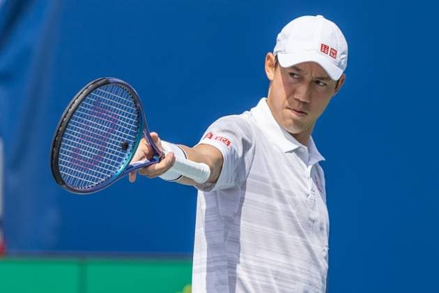 August 8, 2024, Montreal, Quebec, Canada: KEI NISHIKORI from Japan pointing racket at Tsitsipas from Greece after he made it in the first set in second round of Canadian Open at IGA Stadium. Nishikori won 6-4, 6-4. Montreal Canada - ZUMAl189 20240808_zsp_l189_006 Copyright: xYannickxLegarex