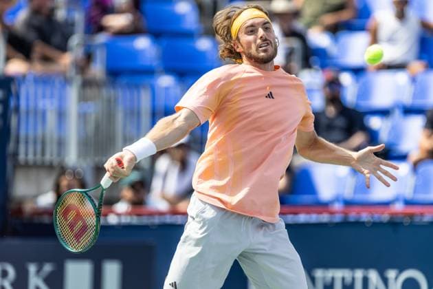 August 8, 2024, Montreal, Quebec, Canada: STEFANOS TSITSIPAS from Greece returning ball in first set against Nishikori from Japan in second round of Canadian Open at IGA Stadium. Montreal Canada - ZUMAl189 20240808_zsp_l189_010 Copyright: xYannickxLegarex