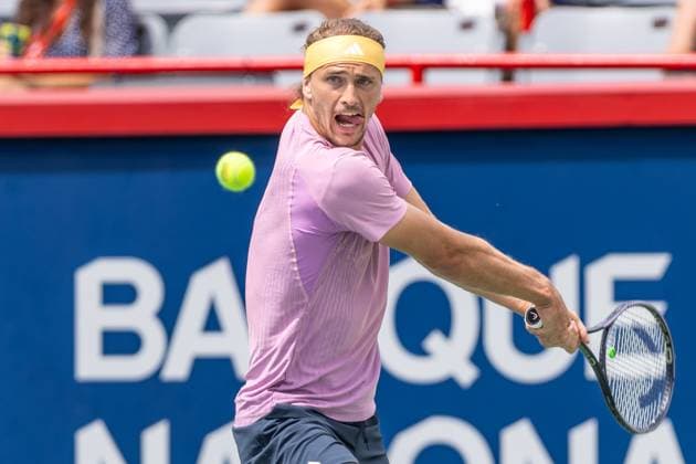August 8, 2024, Montreal, Quebec, Canada: ANDREY RUBLEV returning ball in first set against Tomas Martin Etcheverry from Argentina in second round of Canadian Open at IGA Stadium in Montreal, Quebec, Canada Montreal Canada - ZUMAl189 20240808_zsp_l189_034 Copyright: xYannickxLegarex