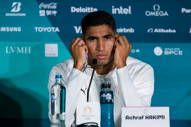 Achraf Hakimi of Morocco talks during the press conference after the Men s Bronze Medal match between Egypt and Morocco during the Olympic Games Paris 2024 at Stade de la Beaujoire on August 8, 2024 in Nantes, France Photo by JustPictures Nantes Stade de la Beaujoire France Copyright: x x2024xEurasiaxSportxImagesx jp-en-EuSpIm-MM4_Egypt_Morocco_08Aug2024_NT2678