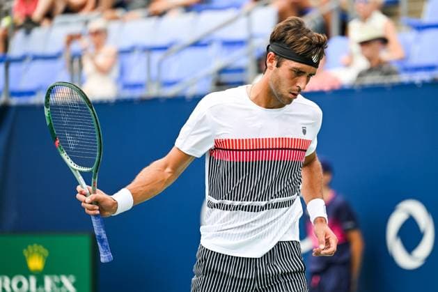 MONTREAL, QC - AUGUST 08: Tomas Martin Etcheverry (ARG) reacts after missing a point during a second round match at ATP, Tennis Herren National Bank Open on August 08, 2024 at IGA Stadium in Montreal, QC (Photo by David Kirouac Icon Sportswire) TENNIS: AUG 08 National Bank Open EDITORIAL USE ONLY Icon240808038