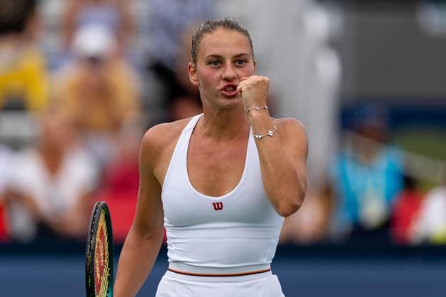 TORONTO, ON - AUGUST 08: Marta Kostyuk of Ukraine celebrates after winning a point during her second round match of the National Bank Open, part of the WTA, Tennis Damen Tour, at Sobeys Stadium on August 8, 2024 in Toronto, Canada. (Photo by Julian Avram Icon Sportswire) TENNIS: AUG 08 National Bank Open EDITORIAL USE ONLY Icon2408080116