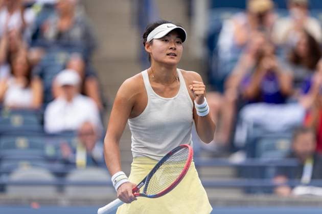 TORONTO, ON - AUGUST 08: Wang Yafan of China celebrates after winning a point during her second round match of the National Bank Open, part of the WTA, Tennis Damen Tour, at Sobeys Stadium on August 8, 2024 in Toronto, Canada. (Photo by Julian Avram Icon Sportswire) TENNIS: AUG 08 National Bank Open EDITORIAL USE ONLY Icon2408080219