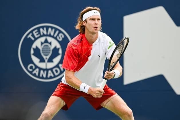 MONTREAL, QC - AUGUST 08: Andrey Rublev waits for service during a second round match at ATP, Tennis Herren National Bank Open on August 08, 2024 at IGA Stadium in Montreal, QC (Photo by David Kirouac Icon Sportswire) TENNIS: AUG 08 National Bank Open EDITORIAL USE ONLY Icon240808027
