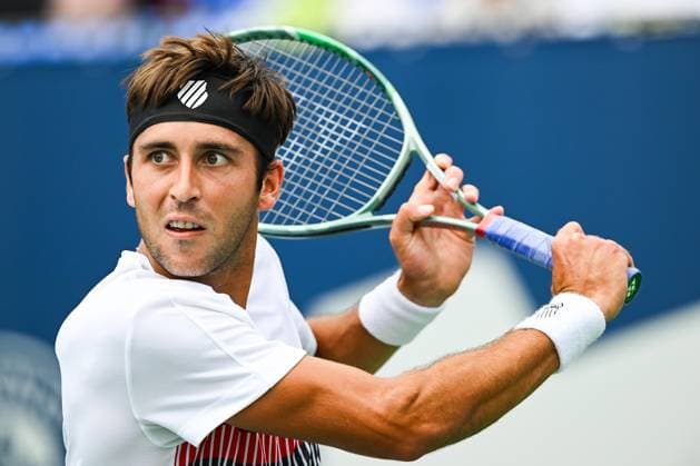 MONTREAL, QC - AUGUST 08: Look on Tomas Martin Etcheverry (ARG) during a second round match at ATP, Tennis Herren National Bank Open on August 08, 2024 at IGA Stadium in Montreal, QC (Photo by David Kirouac Icon Sportswire) TENNIS: AUG 08 National Bank Open EDITORIAL USE ONLY Icon240808030