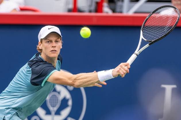 August 8, 2024, Montreal, Quebec, Canada: JANNIK SINNER from Italia backhand shot in second set against Borna Coric from Croatia in second round of Canadian Open at IGA Stadium in Montreal, Quebec, Canada Montreal Canada - ZUMAl189 20240808_zsp_l189_051 Copyright: xYannickxLegarex