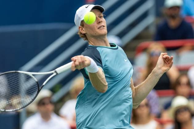 August 8, 2024, Montreal, Quebec, Canada: JANNIK SINNER from Italia returning ball in second set against Borna Coric from Croatia in second round of Canadian Open at IGA Stadium in Montreal, Quebec, Canada Montreal Canada - ZUMAl189 20240808_zsp_l189_053 Copyright: xYannickxLegarex