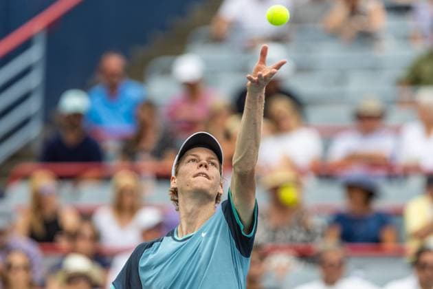 August 8, 2024, Montreal, Quebec, Canada: JANNIK SINNER from Italia serving in second set against Borna Coric from Croatia in second round of Canadian Open at IGA Stadium in Montreal, Quebec, Canada Montreal Canada - ZUMAl189 20240808_zsp_l189_058 Copyright: xYannickxLegarex