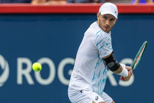 August 8, 2024, Montreal, Quebec, Canada: BORNA CORIC from Croatia returning ball in second set against Jannik Sinner from Italia in second round of Canadian Open at IGA Stadium in Montreal, Quebec, Canada Montreal Canada - ZUMAl189 20240808_zsp_l189_059 Copyright: xYannickxLegarex
