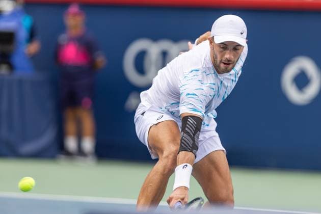 August 8, 2024, Montreal, Quebec, Canada: BORNA CORIC from Croatia returning ball in second set against Jannik Sinner from Italia in second round of Canadian Open at IGA Stadium in Montreal, Quebec, Canada Montreal Canada - ZUMAl189 20240808_zsp_l189_060 Copyright: xYannickxLegarex