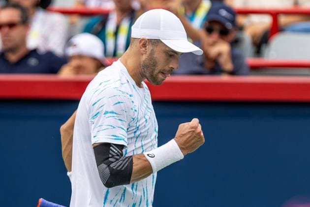 August 8, 2024, Montreal, Quebec, Canada: BORNA CORIC from Croatia cheering after point in second set against Jannik Sinner from Italia in second round of Canadian Open at IGA Stadium in Montreal, Quebec, Canada Montreal Canada - ZUMAl189 20240808_zsp_l189_062 Copyright: xYannickxLegarex