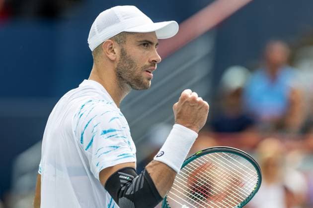August 8, 2024, Montreal, Quebec, Canada: BORNA CORIC from Croatia with close fist after scoring point in second set against Jannik Sinner from Italia in second round of Canadian Open at IGA Stadium in Montreal, Quebec, Canada Montreal Canada - ZUMAl189 20240808_zsp_l189_064 Copyright: xYannickxLegarex