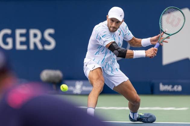 August 8, 2024, Montreal, Quebec, Canada: BORNA CORIC from Croatia returning ball in second set against Jannik Sinner from Italia in second round of Canadian Open at IGA Stadium in Montreal, Quebec, Canada Montreal Canada - ZUMAl189 20240808_zsp_l189_063 Copyright: xYannickxLegarex