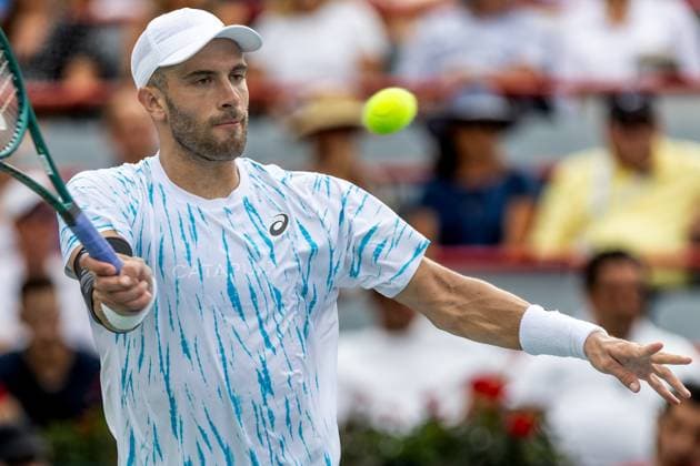 August 8, 2024, Montreal, Quebec, Canada: BORNA CORIC from Croatia returning ball in second set against Jannik Sinner from Italia in second round of Canadian Open at IGA Stadium in Montreal, Quebec, Canada Montreal Canada - ZUMAl189 20240808_zsp_l189_066 Copyright: xYannickxLegarex