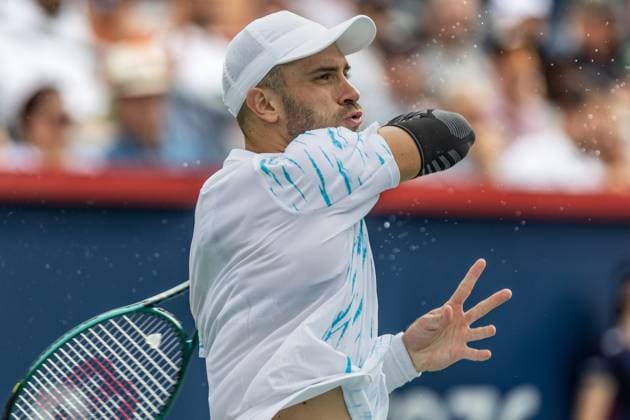 August 8, 2024, Montreal, Quebec, Canada: BORNA CORIC from Croatia after shot in second set against Jannik Sinner from Italia in second round of Canadian Open at IGA Stadium in Montreal, Quebec, Canada. Montreal Canada - ZUMAl189 20240808_zsp_l189_068 Copyright: xYannickxLegarex