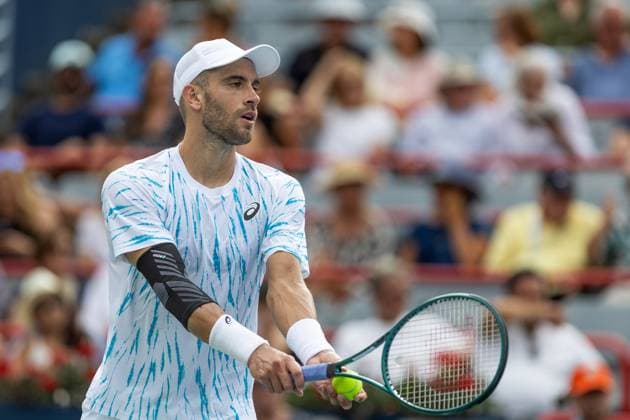 August 8, 2024, Montreal, Quebec, Canada: BORNA CORIC from Croatia just before service in second set against Jannik Sinner from Italia in second round of Canadian Open at IGA Stadium in Montreal, Quebec, Canada Montreal Canada - ZUMAl189 20240808_zsp_l189_069 Copyright: xYannickxLegarex