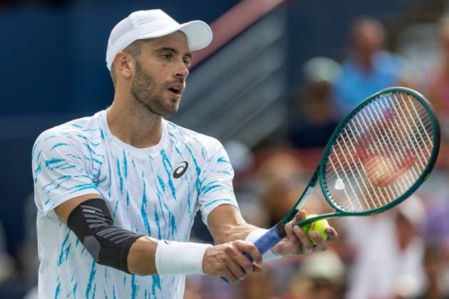 August 8, 2024, Montreal, Quebec, Canada: BORNA CORIC from Croatia just before service in second set against Jannik Sinner from Italia in second round of Canadian Open at IGA Stadium in Montreal, Quebec, Canada Montreal Canada - ZUMAl189 20240808_zsp_l189_070 Copyright: xYannickxLegarex