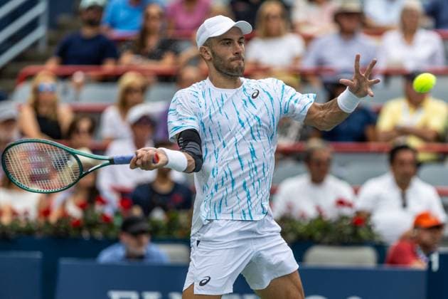 August 8, 2024, Montreal, Quebec, Canada: BORNA CORIC from Croatia returning ball in second set against Jannik Sinner from Italia in second round of Canadian Open at IGA Stadium in Montreal, Quebec, Canada Montreal Canada - ZUMAl189 20240808_zsp_l189_071 Copyright: xYannickxLegarex