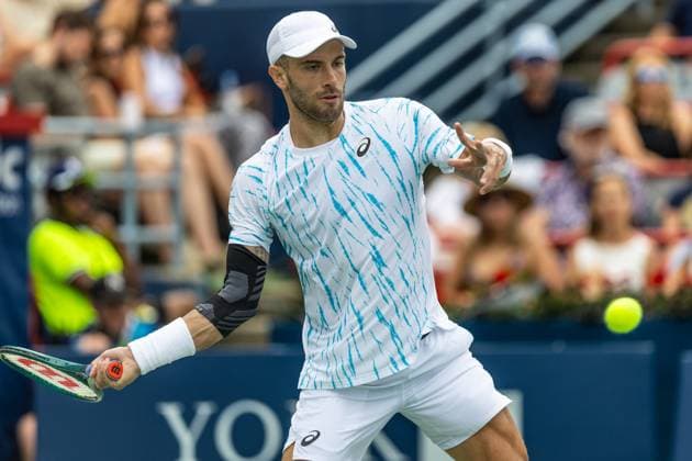 August 8, 2024, Montreal, Quebec, Canada: BORNA CORIC from Croatia returning ball in second set against Jannik Sinner from Italia in second round of Canadian Open at IGA Stadium in Montreal, Quebec, Canada Montreal Canada - ZUMAl189 20240808_zsp_l189_074 Copyright: xYannickxLegarex