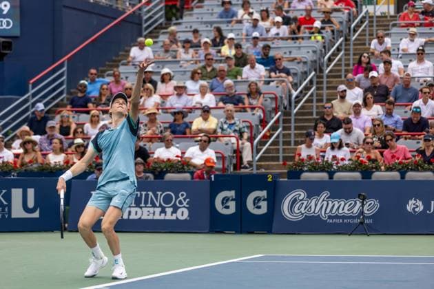 August 8, 2024, Montreal, Quebec, Canada: JANNIK SINNER from Italia serving with crowd in background in second set against Borna Coric from Croatia in second round of Canadian Open at IGA Stadium in Montreal, Quebec, Canada Montreal Canada - ZUMAl189 20240808_zsp_l189_078 Copyright: xYannickxLegarex