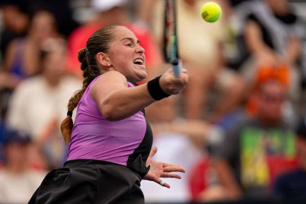 TORONTO, ON - AUGUST 08: Jelena Ostapenko of Latvia hits a shot during her second round match of the National Bank Open, part of the WTA, Tennis Damen Tour, at Sobeys Stadium on August 8, 2024 in Toronto, Canada. (Photo by Julian Avram Icon Sportswire) TENNIS: AUG 08 National Bank Open EDITORIAL USE ONLY Icon2408080332