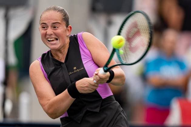 TORONTO, ON - AUGUST 08: Jelena Ostapenko of Latvia hits a shot during her second round match of the National Bank Open, part of the WTA, Tennis Damen Tour, at Sobeys Stadium on August 8, 2024 in Toronto, Canada. (Photo by Julian Avram Icon Sportswire) TENNIS: AUG 08 National Bank Open EDITORIAL USE ONLY Icon2408080337